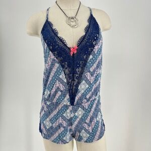 Victorias Secret XS Sleep Romper Cami Blue Pink Geo Print Lace Strappy Back Y2K